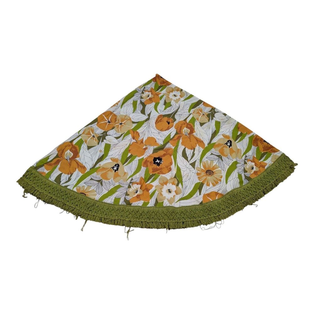 Round Terry Table Cloth w/ Fringe Green Orange Patio Table Covering 60”